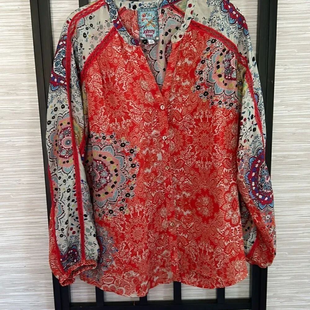Johnny Was orange BoHo silky top 100% silk Size m￼